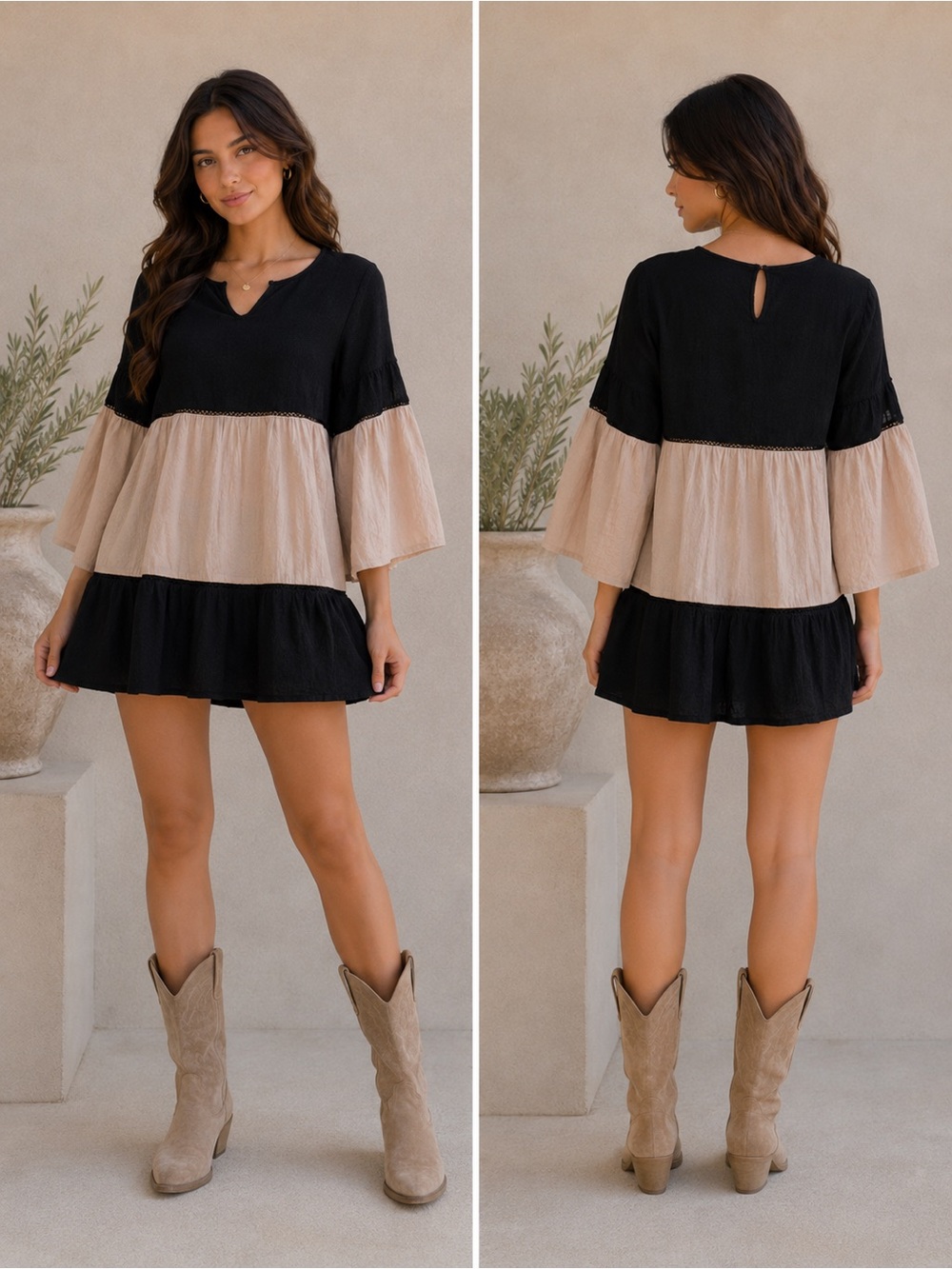 Umgee Color Block Bell‎ Sleeve Babydoll Mini Dress Size Small